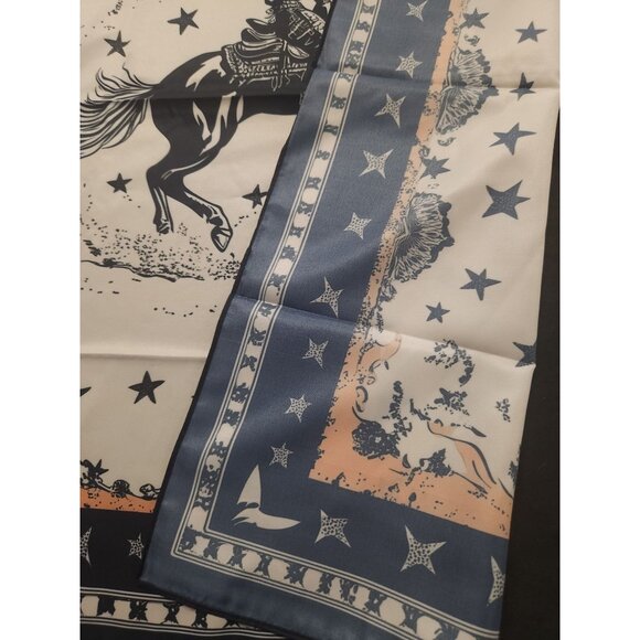 Western Cowboy & Horse Silky Scarf Bandana 26"x26" Star Pattern Navy Border - Picture 9 of 10